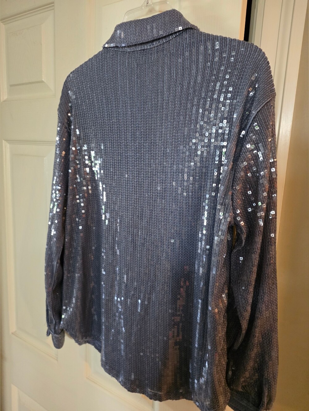 NWT Rachel Zoe Silver Blue Gray Sequin Button Shirt Jacket Medium - Picture 5 of 14
